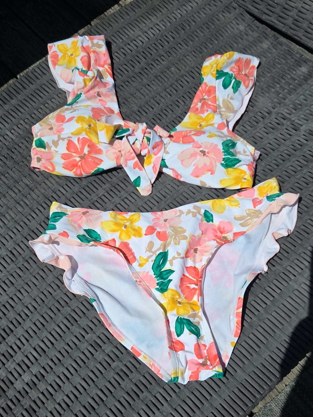 Floral Ruffle Two-Piece Kids Swim Set - White, Pink, Yellow, Green